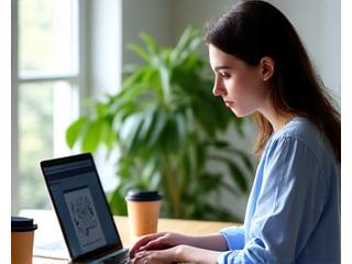 Creative freelancer working on a laptop with design sketches, coffee, and plants at a modern home office